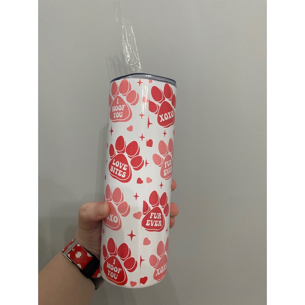 Tumbler Unisex OS White Red Paw Print I Woof You Love Bites Skinny Travel Mug - Picture 4 of 6